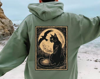 Sweat à capuche Chat Noir, Illustration Chat Lune, Design Halloween Vintage, Gothique Sorcière, Cottagecore Sombre