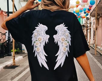 Angel Wings T-Shirt, White Feather Tee, Guardian Angel Shirt, Rose and Wings Design, Angelcore Aesthetic, Celestial Tee