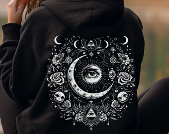 Felpa con cappuccio "Occhio Onniveggente", felpa grafica gotica con fasi lunari celestiali