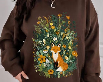 Woodland Fox Botanical Sweatshirt, Folk Art Forest Animal Sweater
