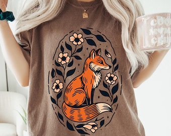 Floral Fox Shirt, Woodland Folk Art Nature Top, Cottagecore Graphic Tee
