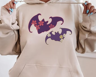 Japanese Gothic Bat Hoodie, Sakura Floral Japanese Pattern Sweatshirt