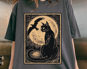 Maglietta vintage con gatto nero, maglietta con gatto stregonesco, maglietta con grafica di gatto e luna, arte dark cottagecore, regalo per amanti dei gatti