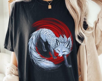 Japanese Kitsune T-Shirt, White Fox Yokai Art, Mythology Graphic Tee