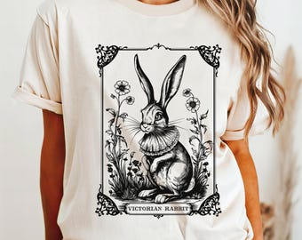 Victorian Rabbit Botanical T-Shirt, Antique Bunny Cottagecore Art Tee