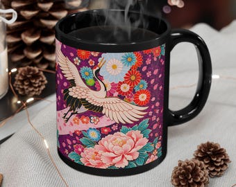 Japanese Crane Mug, Sakura and Peony Floral Design, Elegant Asian Art Coffee Cup, Colorful Bird Pattern, Unique Gift for Her or Tea Lovers