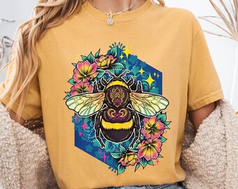 Floral Bumblebee T-Shirt, Botanical Garden Bee Graphic Top
