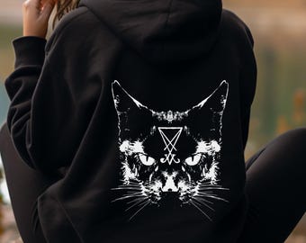 悪魔猫パーカー、魔女猫フード付きジップスウェットシャツ、オカルト黒