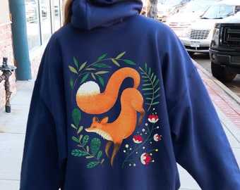 Floral Fox Hoodie, Woodland Folk Art Animal Design, Nature Graphic, Cottagecore Style