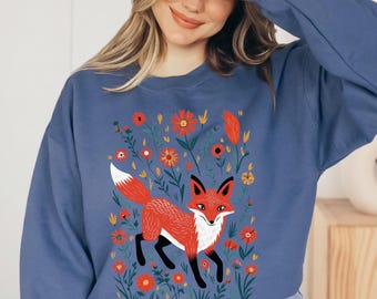 Folk Art Fox Woodland Crewneck Sweatshirt, Cottagecore Nature Animal Cozy Wear