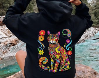 Colorful Cat Hoodie, Psychedelic Cat Sweatshirt, Comfort Colors Cat T-Shirt, Boho Floral Cat Shirt, Maximalist Graphic, Cat Lover Gift