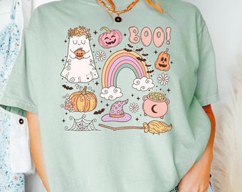 Pastell Halloween Shirt, Kawaii Ghost Comfort Colors Tee, Witchy Vibes, Retro Boo Ästhetik, Gruselig süßer Kürbis Regenbogen