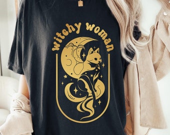 Witchy Woman Celestial Cat T-Shirt, Moon Occult Graphic Tee