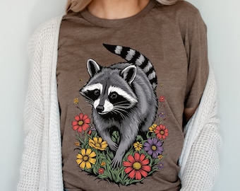 Raccoon Floral T-Shirt, Woodland Animal Graphic Tee, Cottagecore Nature Art