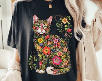 Floral Cat T-Shirt, Botanical Whimsical Nature Graphic Tee