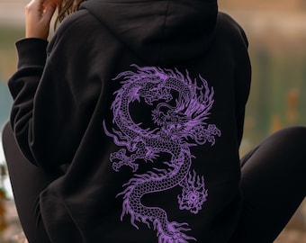 Japanese Dragon Hoodie, Oversized Vintage Y2K Streetwear Hoodie, Goth Grunge Aesthetic Dragon Graphic, Unisex Pullover