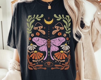 Luna Moth Mushroom Shirt, Celestial Boho Witchy Woodland Tee