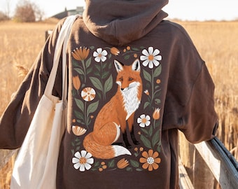Cottagecore Fox Hoodie, Woodland Fox Sweatshirt with Floral Folk Art, Cozy Nature Lover Gift