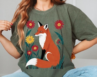 Cottagecore Fox Wildflower Shirt, Woodland Animal Graphic Tee, Whimsical Nature Top