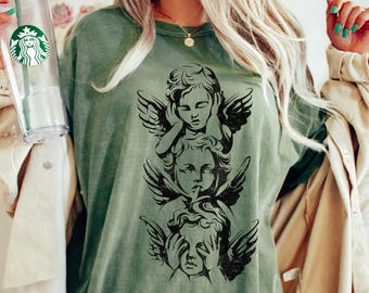 Camiseta com estampa de anjo gótico, camiseta com três anjos, blusa mística sombria