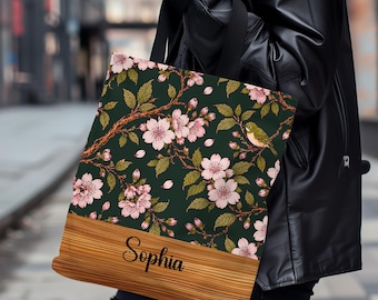 Personalized Cherry Blossom Tote Bag, Custom Name Floral Botanical Gift