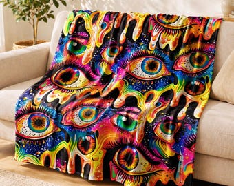 Psychedelic Eye Blanket, Trippy Melting Eyeball Throw, Gothic Surreal Art Blanket, Colorful Alternative Home Decor