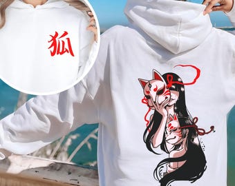 Felpa Kitsune, maschera di volpe giapponese, streetwear anime, felpa con grafica ispirata all'arte popolare