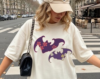 Japanese Gothic Bat Shirt, Sakura Floral Japanese Pattern Graphic Tee