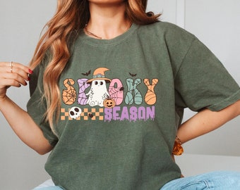 Spooky Season Shirt, Kawaii Ghost Comfort Colors Tee, Pastel Halloween Aesthetic, Witchy Vibes, Retro Skull and Pumpkin Design