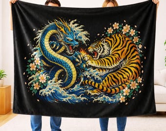 Dragon Tiger Plush Blanket, Japanese Mythology Throw, Yin Yang Dragon Tiger Design, Soft Velveteen Fabric, Asian Art Gift Decor