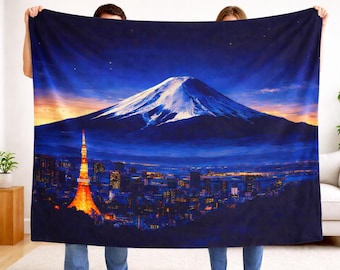 Japanese Night Sky Blanket, Tokyo Skyline with Mount Fuji Throw, Anime Style Japan Cityscape, Tokyo Tower Night Lights, Travel Gift