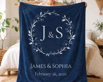 Personalized Couple Plush Blanket, Custom Blanket with Names, Wedding Anniversary Gift, Cherry Blossom Throw