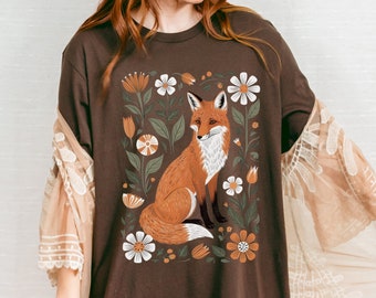 Cottagecore Fox Shirt | Flower T-Shirt | Retro Fox Print | Forestcore T-Shirt | Boho Style Woodland Animal Tee | Mystical Forestcore Top