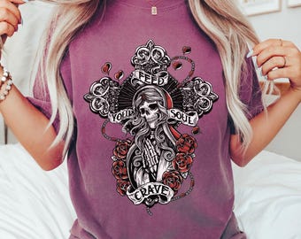 Gothic Skull T-Shirt, Skull and Roses Tee, Gothic Cross Shirt, Dark Romance Graphic, Macabre Art Tee, Gothic Gift