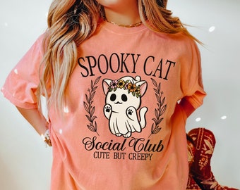 Spooky Cat Shirt, Cute Ghost Cat Tee, Halloween Cat Shirt, Creepy Cute Cat T-Shirt, Fall Aesthetic Tee, Pastel Goth Cat Top
