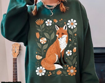 Fox Sweatshirt, Cottagecore Sweatshirt, Boho Fox Sweatshirt, Woodland Animal Sweatshirt, Nature Inspired Sweatshirt, Rustic Fox, Floral Fox