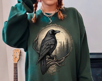 Gothic Raven Sweatshirt, Dark Forest Sweatshirt, Occult Crow Pullover, Mystical Bird Art Crewneck, Vintage Macabre Forest Shirt