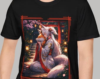 Anime Girl Kitsune T-Shirt, Fox Spirit Shrine Art Tee, Kawaii Otaku Shirt, Japanese Foxgirl Clothing, Fantasy Waifu Streetwear, Sakura Tee