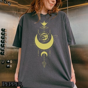 Mystic Lunar Phases T-Shirt - Celestial Moon, Crystal, and Eye Design - Boho Astrology Tee - Spiritual Graphic Shirt for Women & Men
