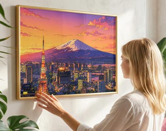 Tokyo Sunset Poster, Mount Fuji Wall Art, Japan Cityscape Print, Tokyo Skyline Decor
