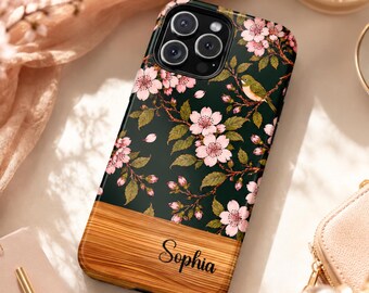 Personalized Cherry Blossom Phone Case, Botanical Floral Bird Design, Wood Grain Name Panel