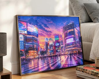 Shibuya Crossing Poster, Tokyo Art Print, Japan Cityscape Decor, Neon Street Scene, Anime Urban Artwork