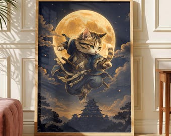 Ninja Cat Poster, Samurai Cat Wall Art Under the Full Moon