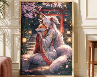 Anime Kitsune Poster, Japanese Fox Spirit Shrine Art with Sakura Blossoms, Fantasy Anime Girl Wall Decor, Serene Yokai Print