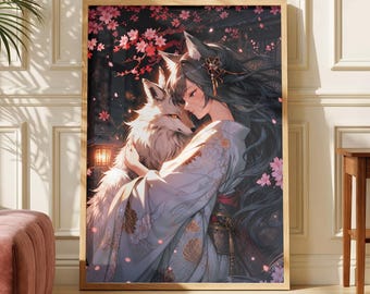 Kitsune Girl Poster, Japanese Fox Spirit Wall Art, Sakura Anime Decor