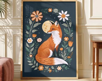 Fox Wall Art Poster, Cottagecore Floral Fox Print, Woodland Animal Botanical Illustration, Boho Nature Decor for Cozy Home