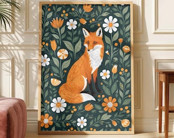 Floral Fox Poster, Cottagecore Fox Wall Art, Botanical Woodland Animal Print, Folk Art Nature Decor, Cute Forest Illustration Gift