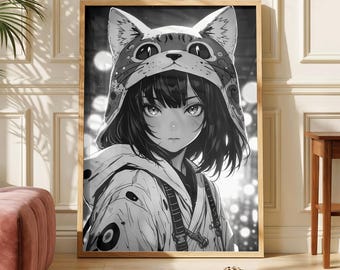 Catgirl Anime Poster, Black and White Manga Wall Art, Cute Otaku Room Decor