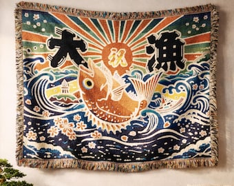 Japanese Tairyo Batta Woven Blanket, Vintage Fisherman Flag Design with Tai Fish and Ocean Waves, Traditional Decor, Gift for Japan Lovers