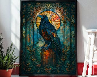 Stained Glass Raven Poster, Gothic Raven Art Print, Dark Academia Wall Decor, Art Nouveau Bird Illustration, Witchy Home Decor